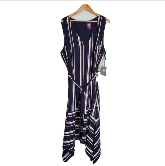 NWT Vince Camuto Navy Striped Asymmetrical Dress - Picture 2 of 5